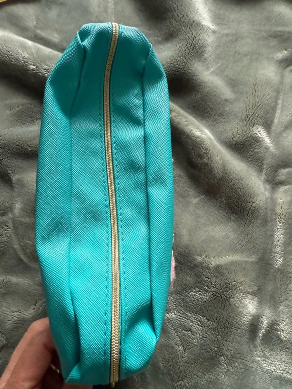 Turquoise 'STUFF' Cosmetic Pouch with Pink Chenille Patch